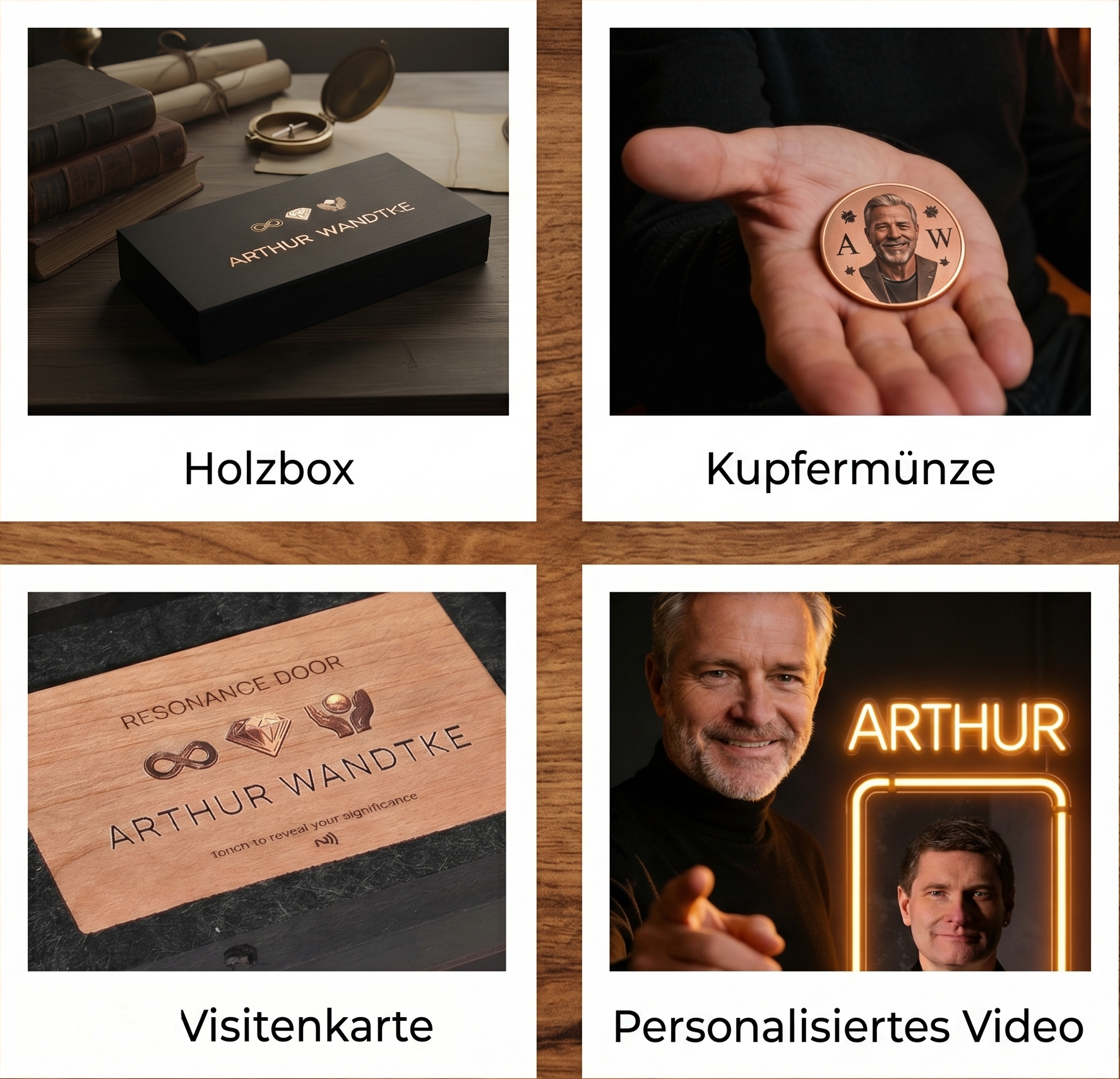 Die Produktumgebung wurde mittels KI erstellt. Das abgebildete Holzprodukt ist jedoch echt und wird real für dich gefertigt. Arthur ist eine KI-generierte Figur, die durch das personalisierte Video führt.