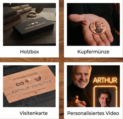 Die Produktumgebung wurde mittels KI erstellt. Das abgebildete Holzprodukt ist jedoch echt und wird real für dich gefertigt. Arthur ist eine KI-generierte Figur, die durch das personalisierte Video führt.