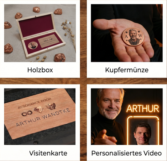 Die Produktumgebung wurde mittels KI erstellt. Das abgebildete Holzprodukt ist jedoch echt und wird real für dich gefertigt. Arthur ist eine KI-generierte Figur, die durch das personalisierte Video führt.