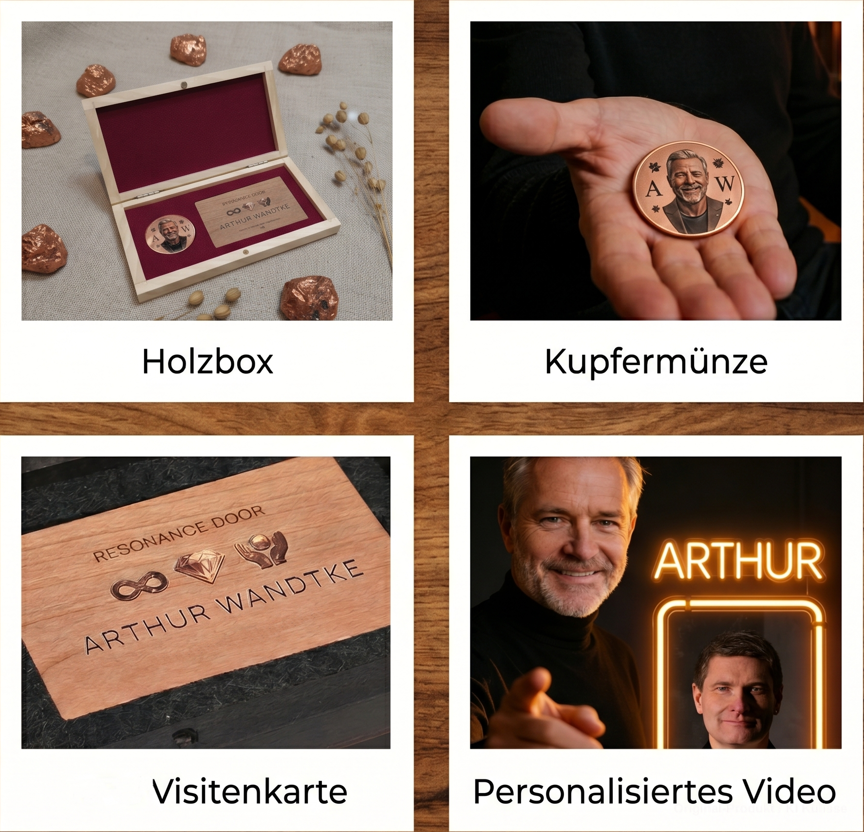 Die Produktumgebung wurde mittels KI erstellt. Das abgebildete Holzprodukt ist jedoch echt und wird real für dich gefertigt. Arthur ist eine KI-generierte Figur, die durch das personalisierte Video führt.