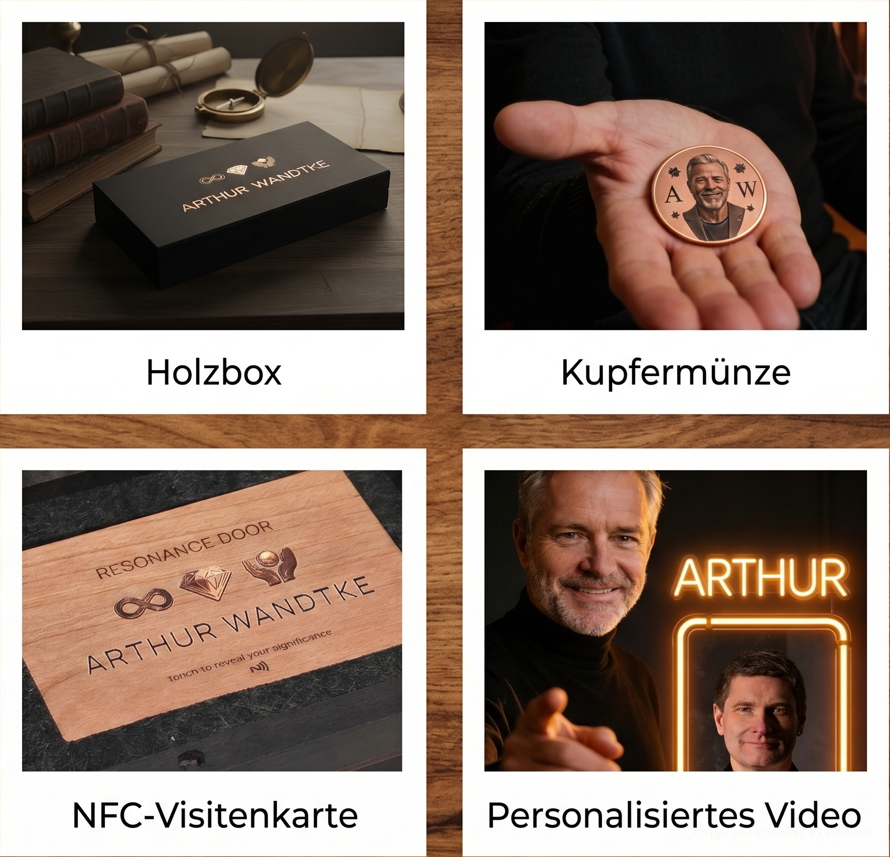 Die Produktumgebung wurde mittels KI erstellt. Das abgebildete Holzprodukt ist jedoch echt und wird real für dich gefertigt Arthur ist eine KI-generierte Figur, die durch das personalisierte Video führt.